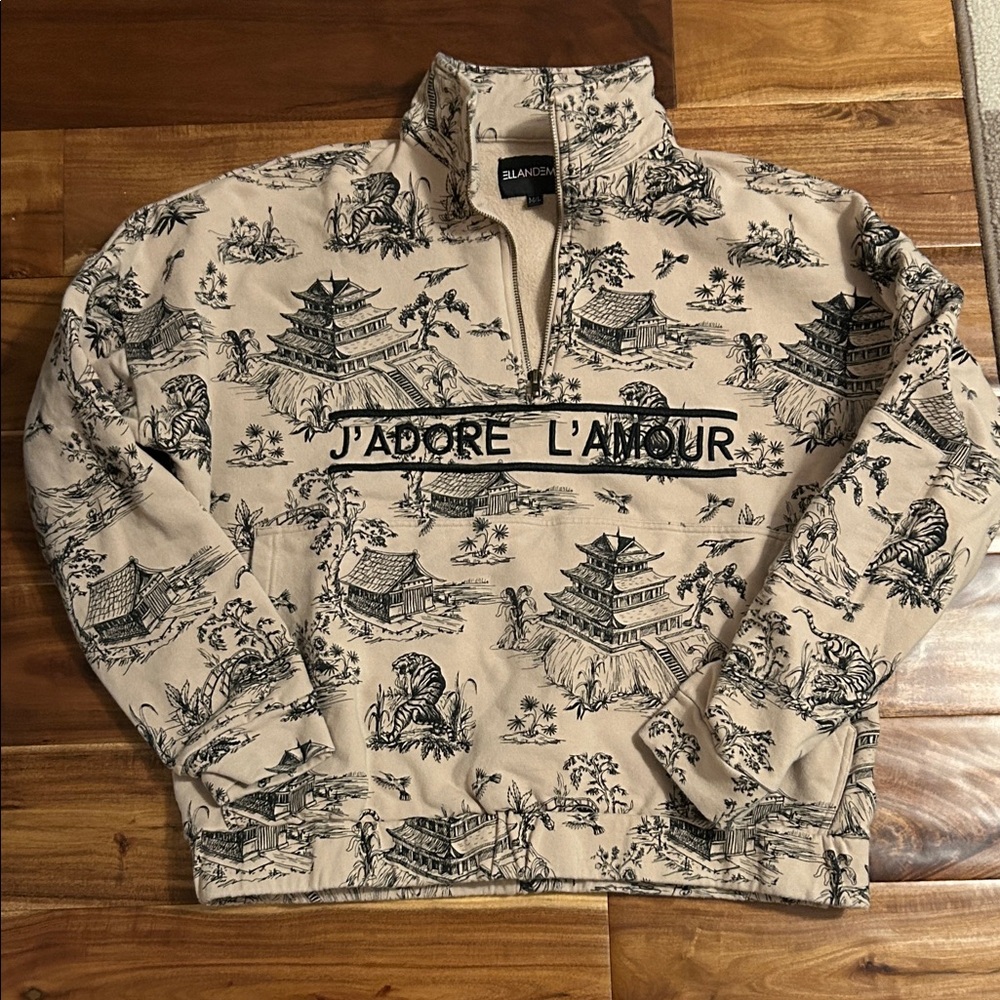 Blank NYC Beige 'J'adore L'Amour' Half-Zip Printed Sweatshirt